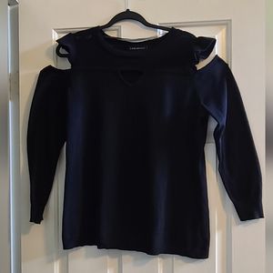 Lane Bryant cold-shoulder mesh detail and ruffled sleeve cap sweater